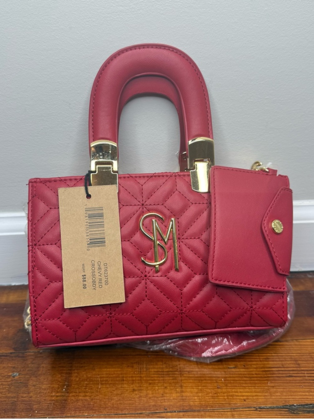 Steve Madden Red Quilted Top-Handle Satchel with Card Pocket